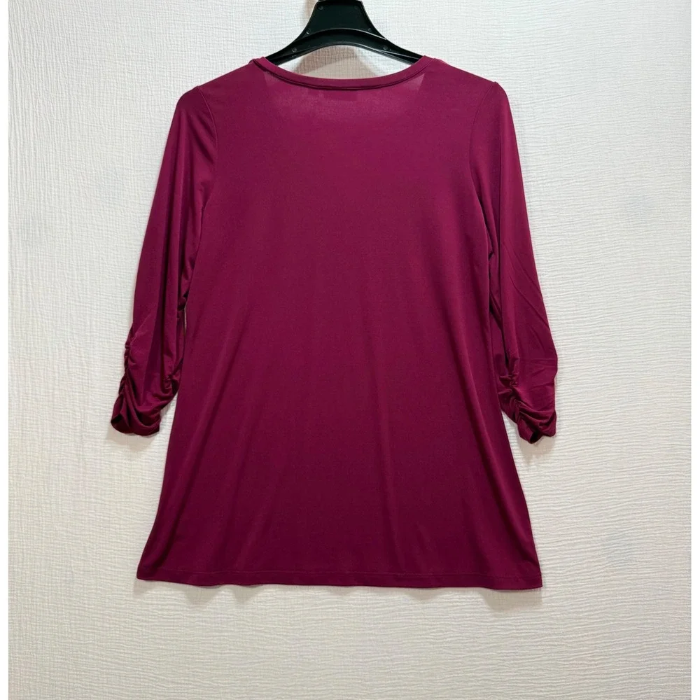 Susan‎ Graver Tunic Top Womens Small Berry Ruched 3/4 Sleeve V-Neck Liquid Knit